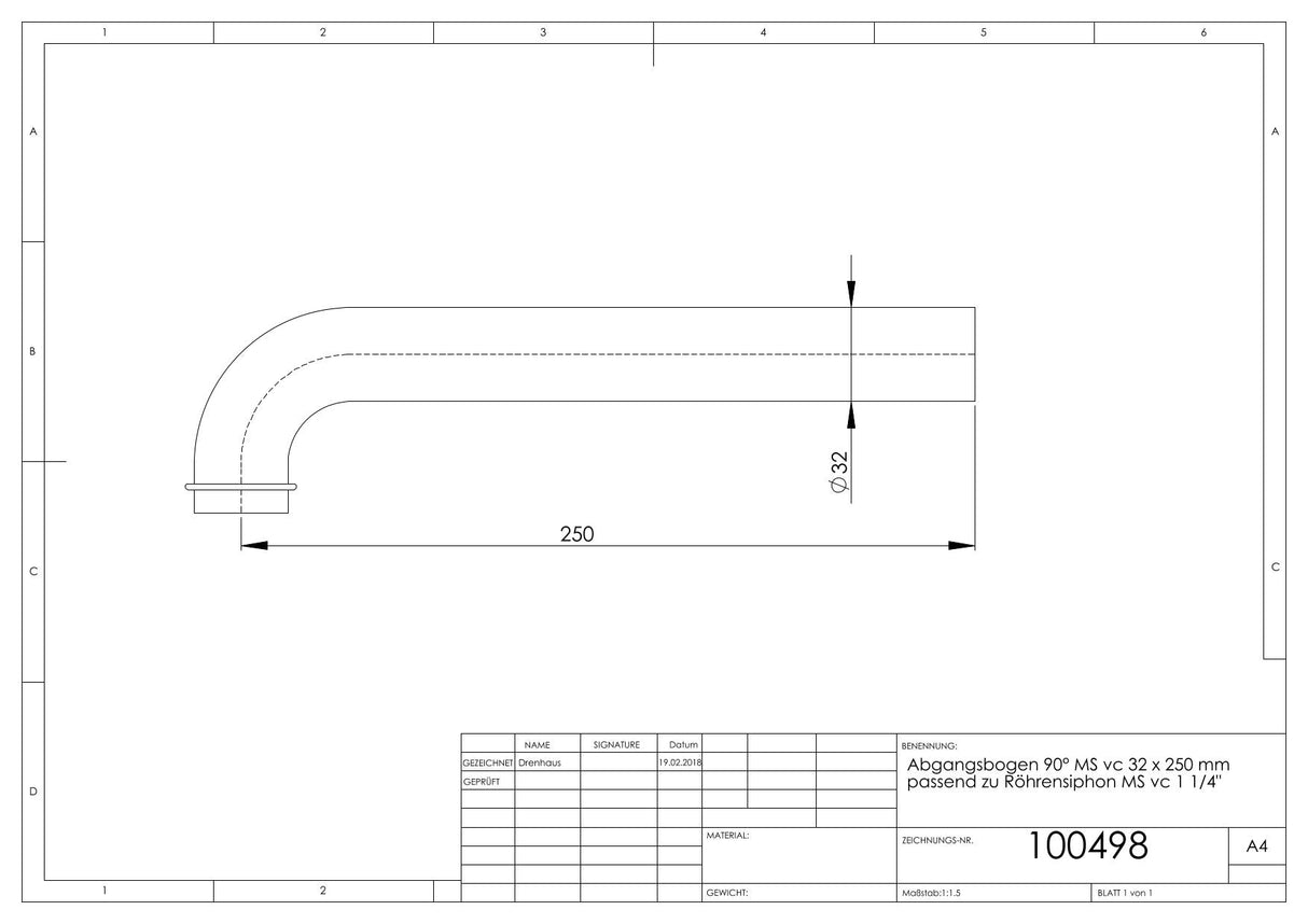 Abgangsbogen 90 Grad Messing verchromt mit Bördelrand und Rohraußendurchmesser 32 mm