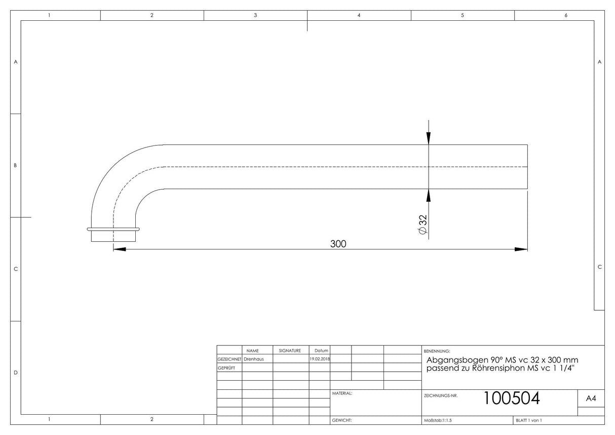 Abgangsbogen 90 Grad Messing verchromt mit Bördelrand und Rohraußendurchmesser 32 mm