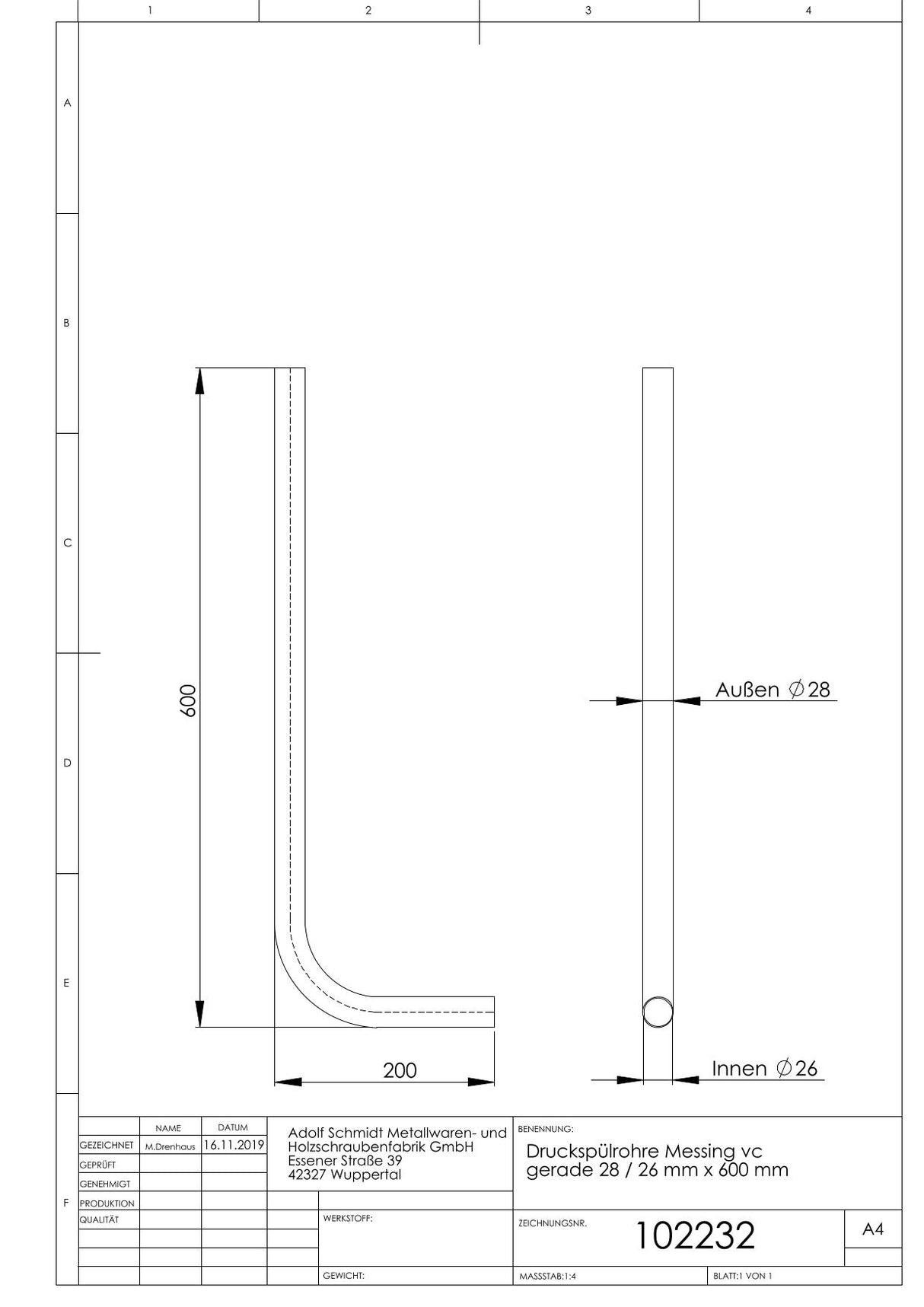 Druckspülrohre Messing vc gerade 28 / 26 mm x 700 mm