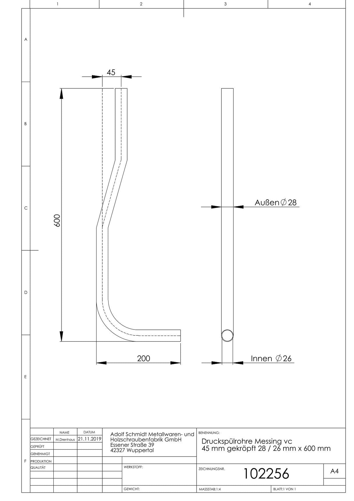 Druckspülrohre Messing vc 45 mm gekröpft 28 / 26 mm x 700 mm