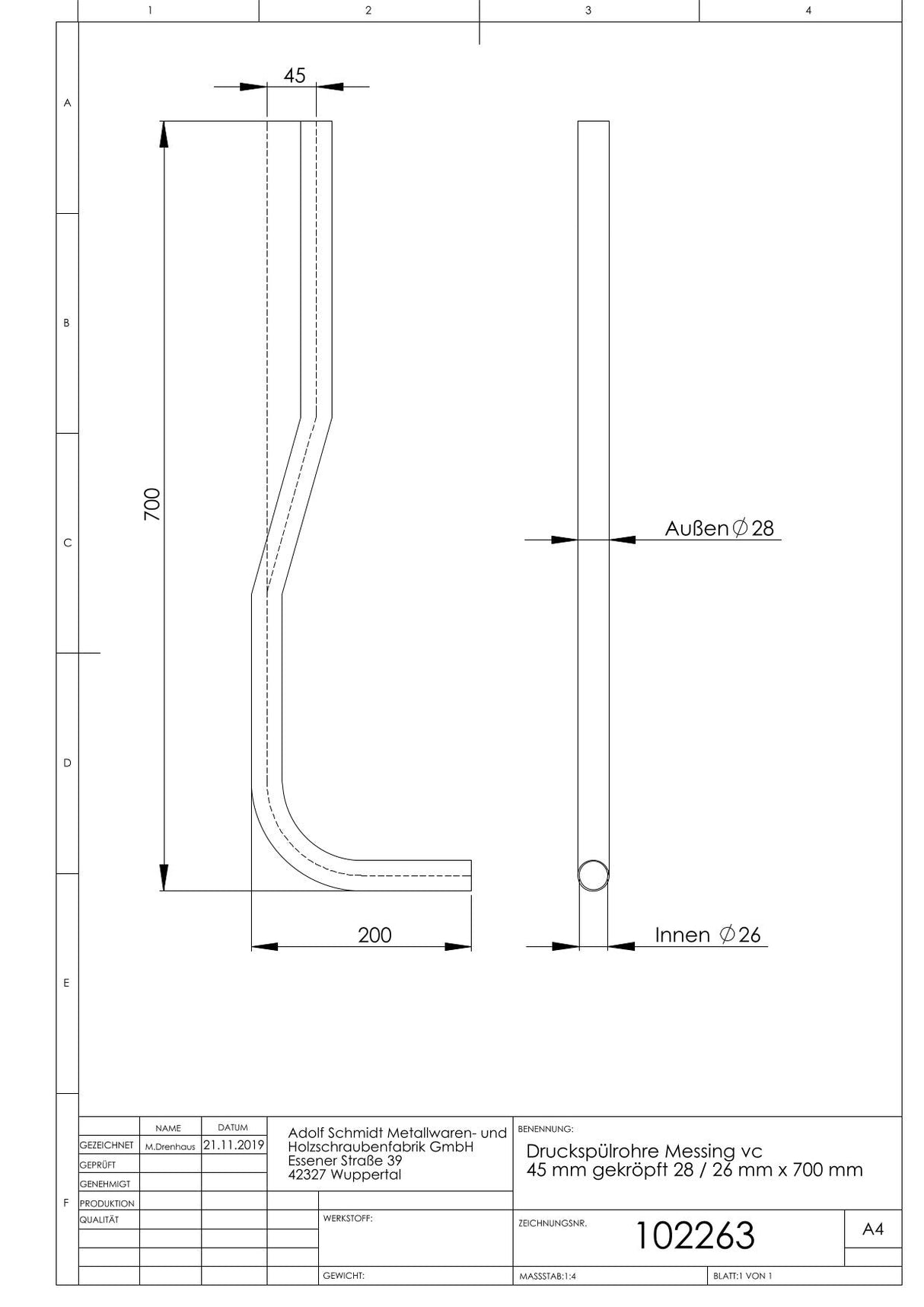 Druckspülrohre Messing vc 45 mm gekröpft 28 / 26 mm x 700 mm