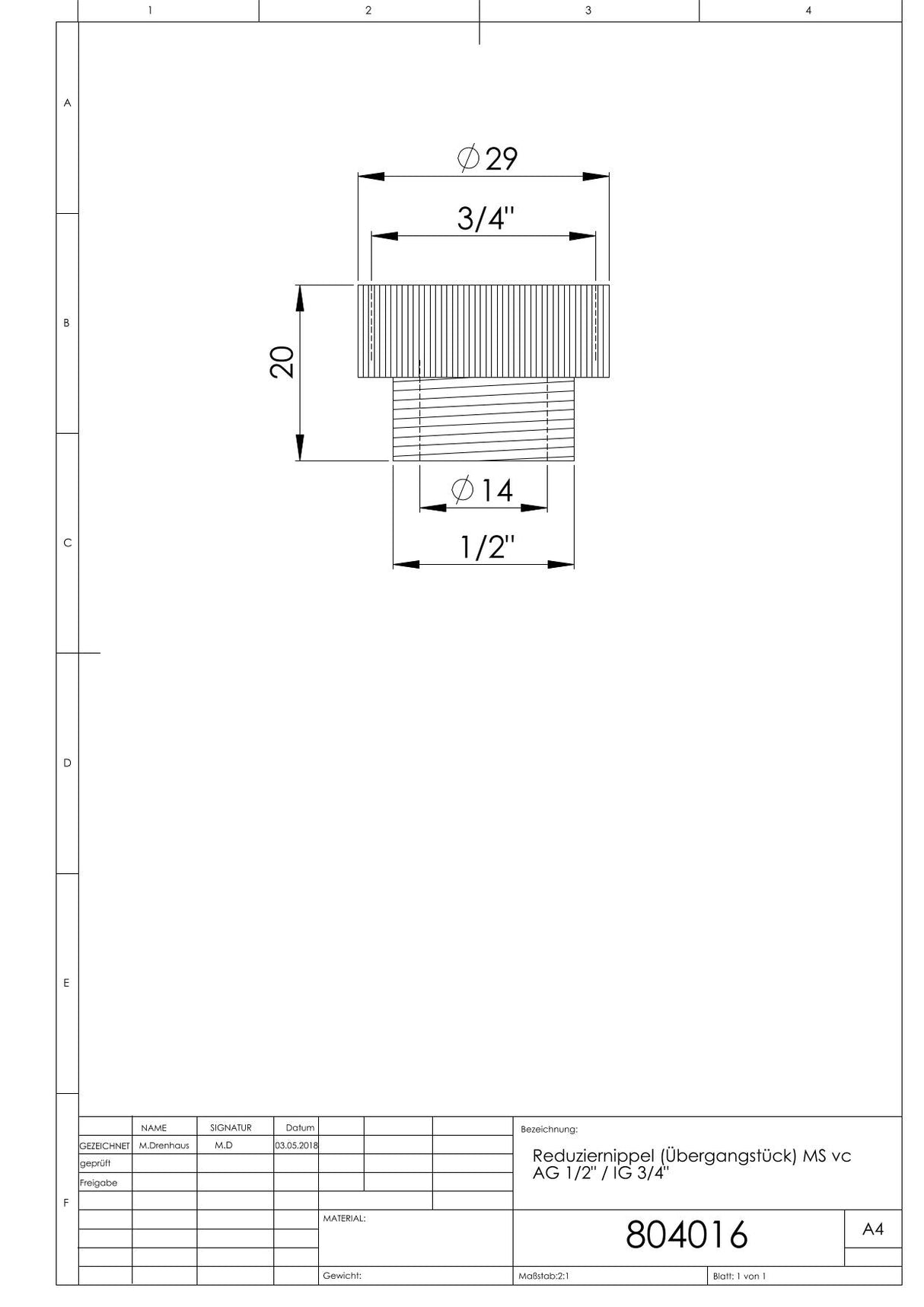 Reduziernippel (Übergangstück) MS vc AG 1/2" / IG 3/4"