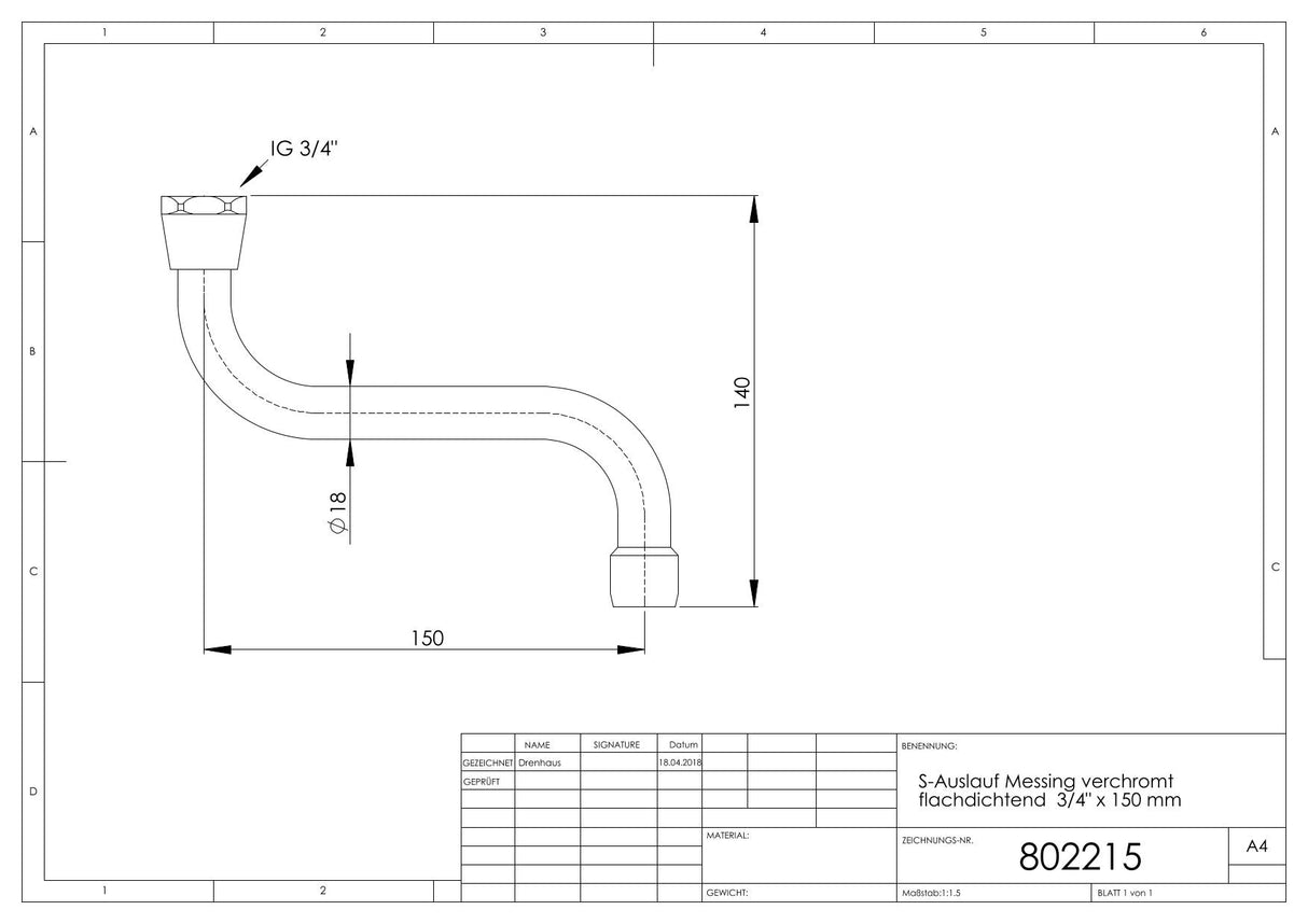 S-Auslauf Messing verchromt flachdichtend 3/4 Zoll