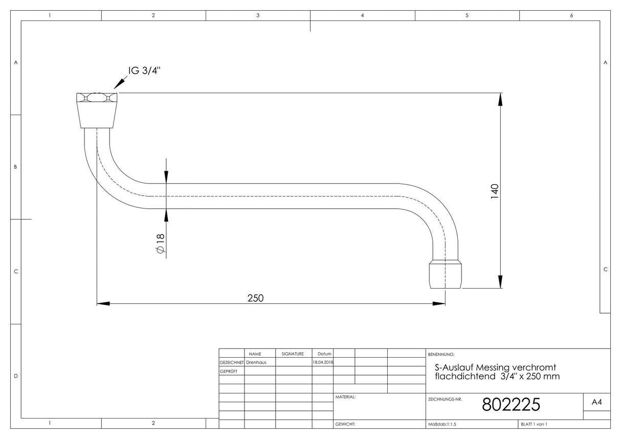 S-Auslauf Messing verchromt flachdichtend 3/4 Zoll