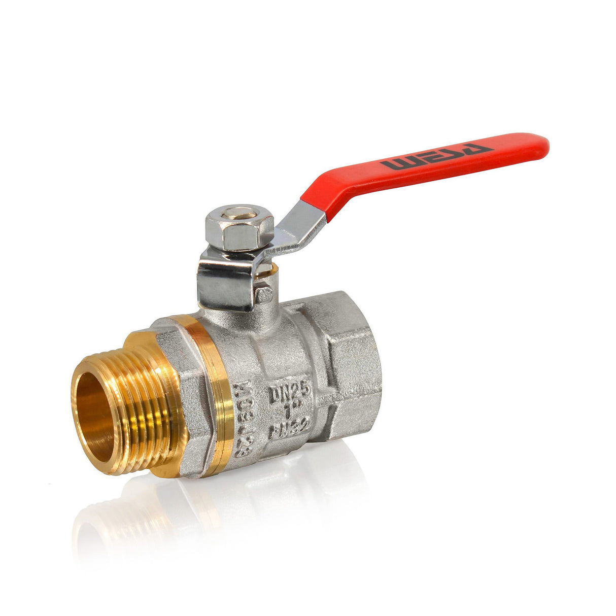 WESA Kugelhahn Messing 1 1/4" IG/AG PN25 PTFE/FKM flachdichtend voller Durchgang Hebelgriff Rot