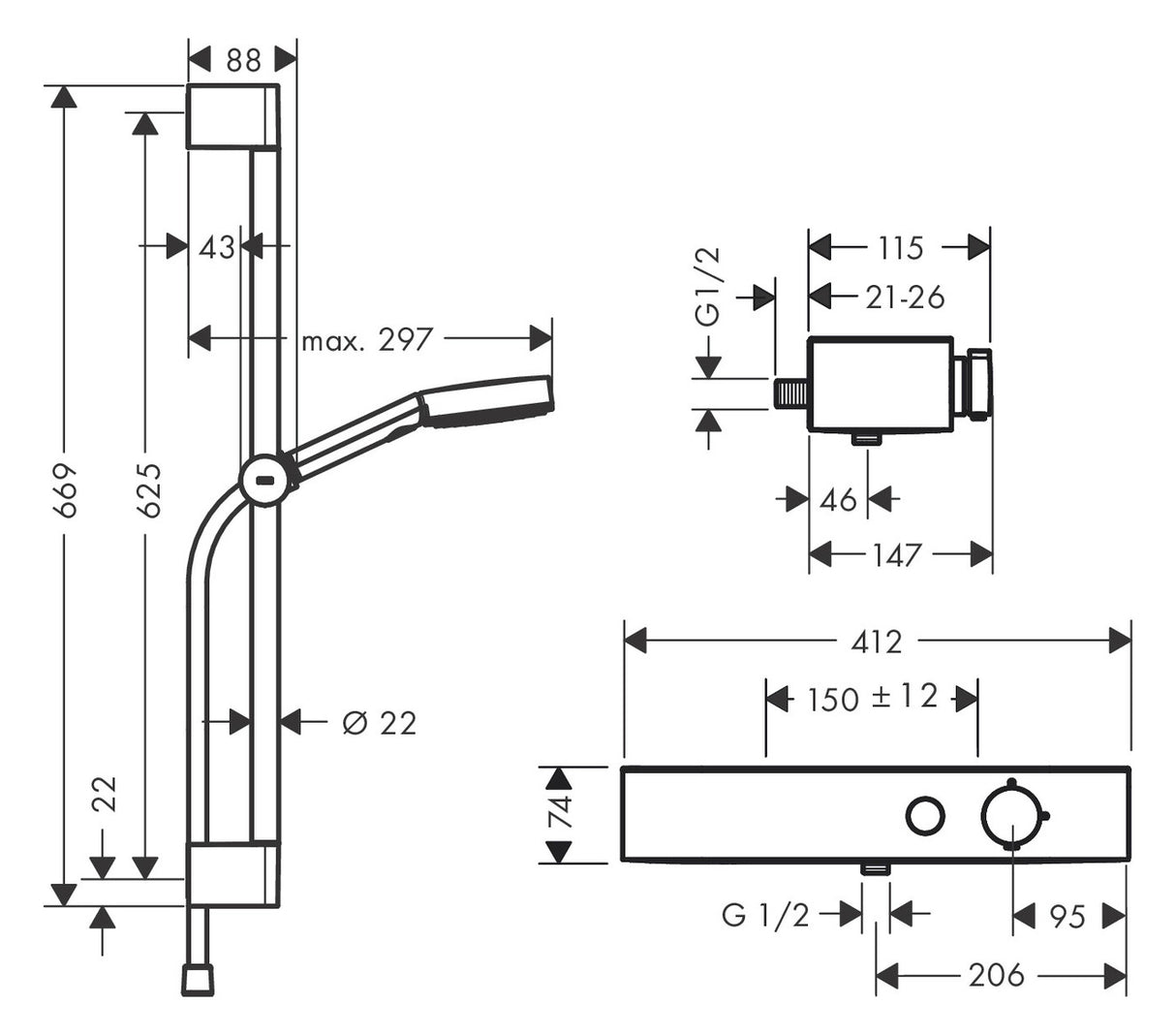 HG Brausesystem Pulsify Select S 105 3j Relaxation Brausethm. Stange 650mm chrom