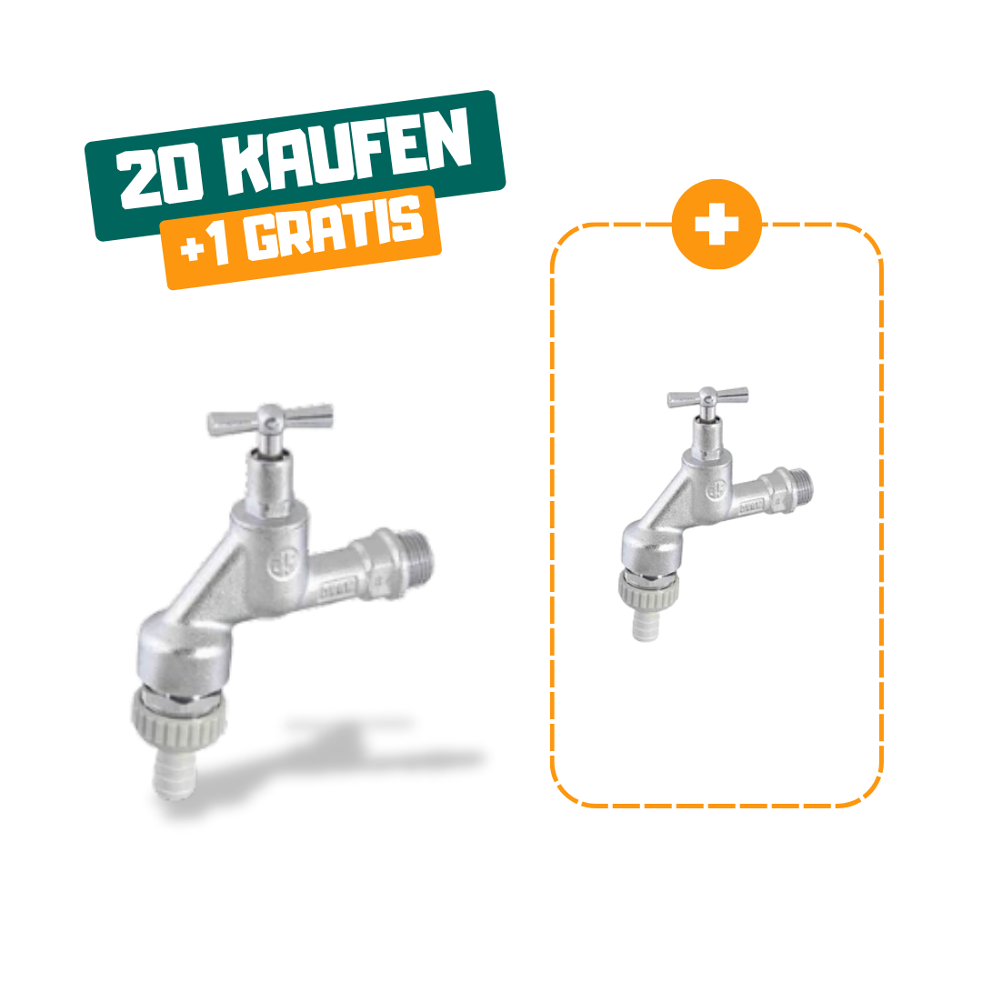 20+1 | JS Auslaufventil mit Rohrbelüfter, mit Rückflussverhinderer, mit Schlauchverschraubung, mit Knebel-Oberteil, schwere Ausführung, 1/2", matt chrom, DVGW geprüft