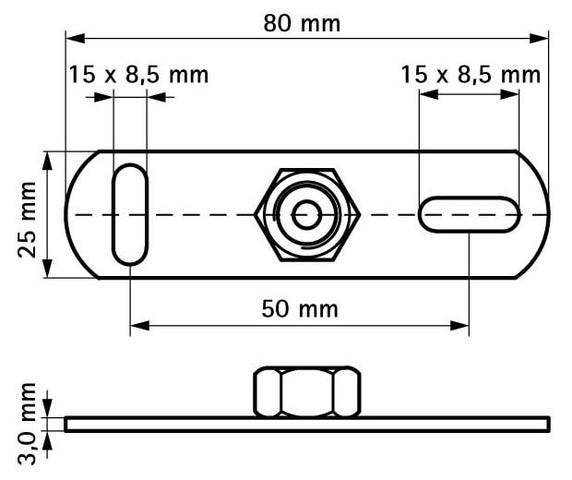 Walraven Grundplatte 670 aus elektrolytisch verzinktem Stahl mit um 90 Grad zueinander angeordneten Langlöchern zur Befestigung an Wand oder Decke