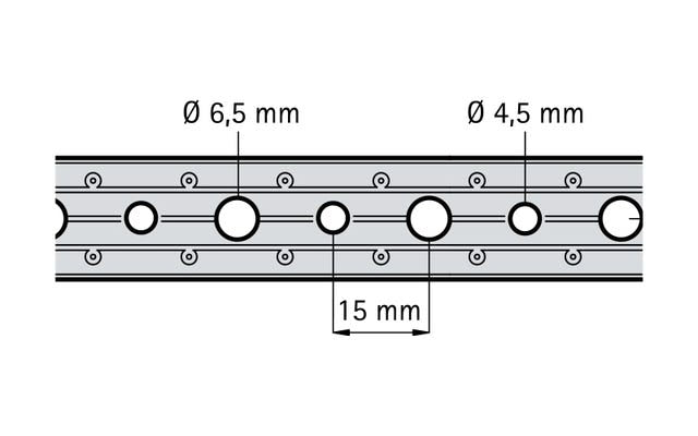 Montageband aus kunststoffummanteltem sendzimirverzinktem Stahl mit gleichmäßigen Lochbild befestigt Rohre und Luftkanäle, als 10-Meter-Rolle ohne Verpackung, Blechbandbreite 19, -stärke 3 Millimeter, Lochdurchmesser 6,5 und 4,5 Millimeter im Wechsel.