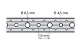 Montageband aus kunststoffummanteltem sendzimirverzinktem Stahl mit gleichmäßigen Lochbild befestigt Rohre und Luftkanäle, als 10-Meter-Rolle ohne Verpackung, Blechbandbreite 19, -stärke 3 Millimeter, Lochdurchmesser 6,5 und 4,5 Millimeter im Wechsel.