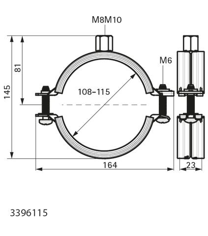 Die KSB2 Zweischrauben-Rohrschelle M8/10 ev 108-115 mm als praktische Lösung zur Befestigung von Rohren verschiedener Materialien hat einen Sicherheitsschnellverschluss, der mit einer Hand bedient werden kann, und eine EPDM-Schallschutzeinlage DIN4109.