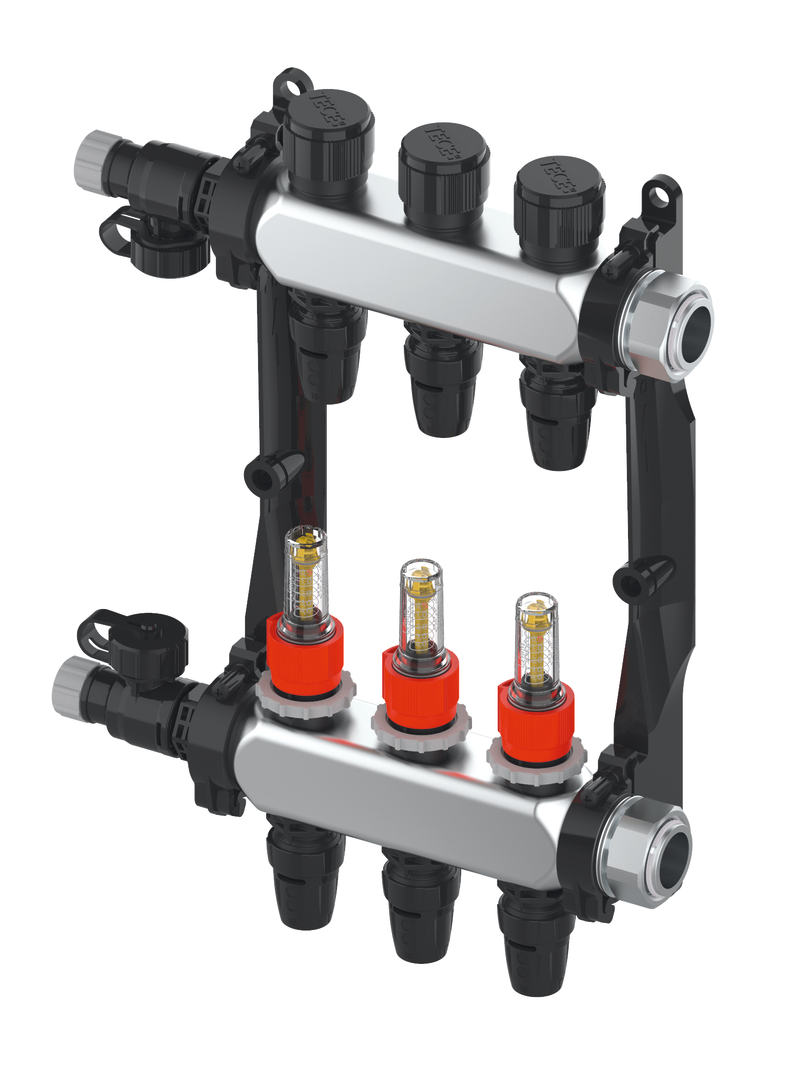 TECEfloor Edelstahlverteiler HKV 6, Typ TECElogo-Push SLQ, mit Durchflussanzeige, 1" IG flachdichtend