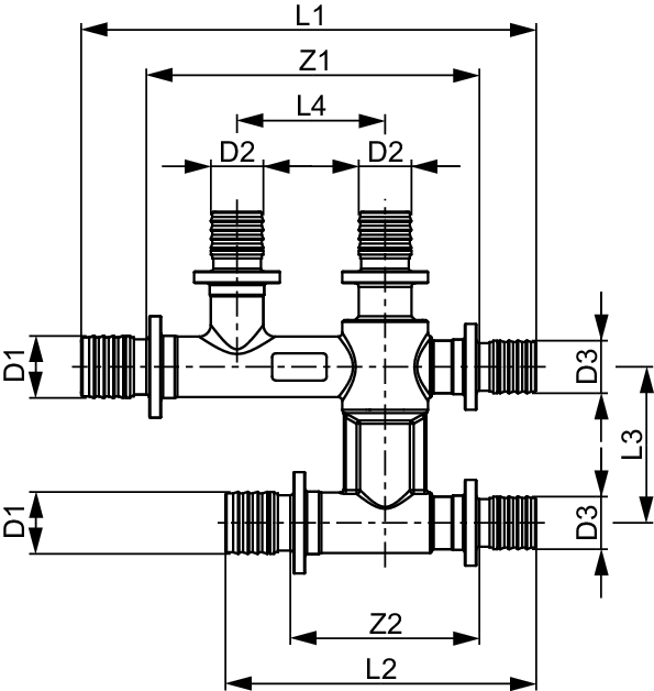 TECEflex Kreuzungsfitting aus vernickeltem Messing zur Anbindung von Heizkörperanschlussleitungen im Fußbodenaufbau