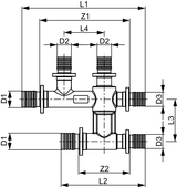 TECEflex Kreuzungsfitting aus vernickeltem Messing zur Anbindung von Heizkörperanschlussleitungen im Fußbodenaufbau