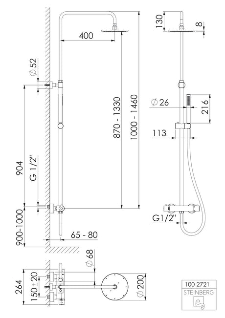 Serie 100 Brauseset komplett mit Thermostatarmatur, mit Regenbrause und Handbrause (Regenbrause mit Easy clean), mit Gleiter, mit schwenkbarem und höhenverstellbarem Regenbrausearm (bei Installation), chrom