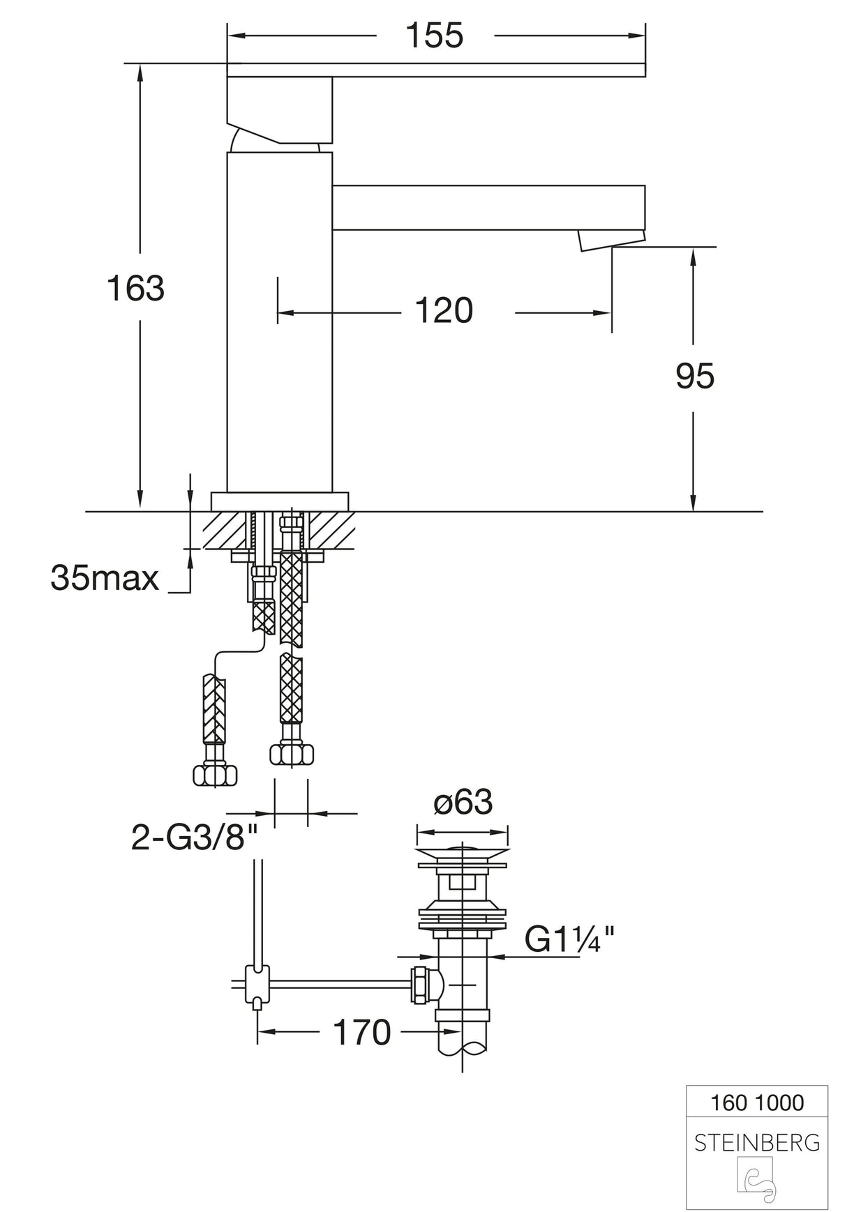 Serie 160 Waschtisch Einhebelmischer mit Ablaufgarnitur Ausladung 120 mm, mit Keramikkartusche, mit Neoperl Luftsprudler, mit Flexschläuchen 3/8 Zoll, chrom
