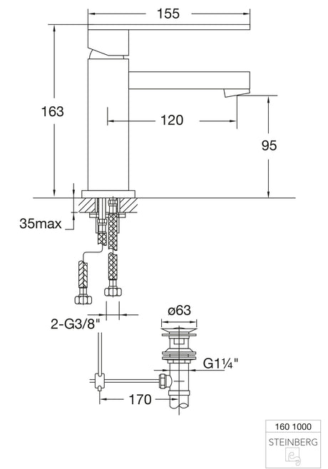 Serie 160 Waschtisch Einhebelmischer mit Ablaufgarnitur Ausladung 120 mm, mit Keramikkartusche, mit Neoperl Luftsprudler, mit Flexschläuchen 3/8 Zoll, chrom