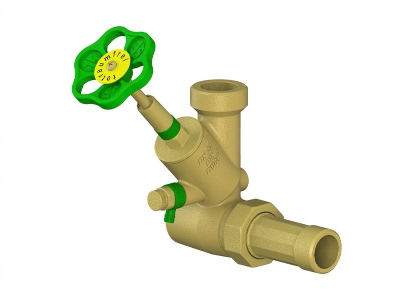 JS Abzweig-T-Ventil KFR mit steigender Spindel, DN25, Oberteil und Gehäuse Messing, Dichtungen EPDM, Griff Polyamid, max. 10 bar, max. 90 Grad, DIN-DVGW zertifiziert