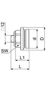 JS Abschlussstopfen links mit Wasserzufuhr von rechts, Außengewinde, Messinggehäuse, Dichtungen EPDM, max. Betriebsdruck 10 bar, max. Betriebstemperatur 90 Grad, G-Gewinde ISO 228 Teil 1, Trinkwasserverordnung DIN EN 1717, Fabrikat Schlösser