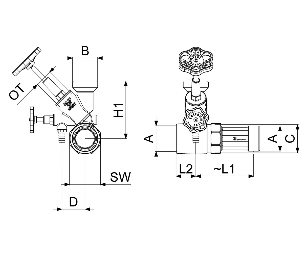 JS Abzweig-T-Ventil Freistromventil mit steigender Spindel