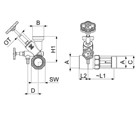 10+1 | JS Abzweig-T-Ventil, Freistromventil mit steigender Spindel, DN25, Eingang 1 1/2", oberer Ausgang 1 1/2"