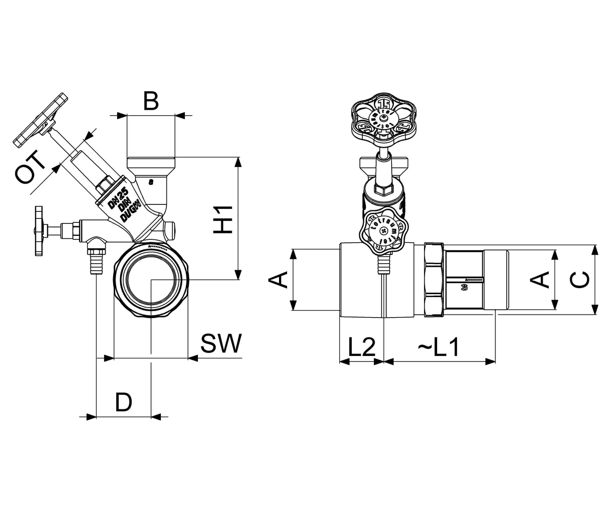 JS Abzweig-T-Ventil Freistromventil mit steigender Spindel