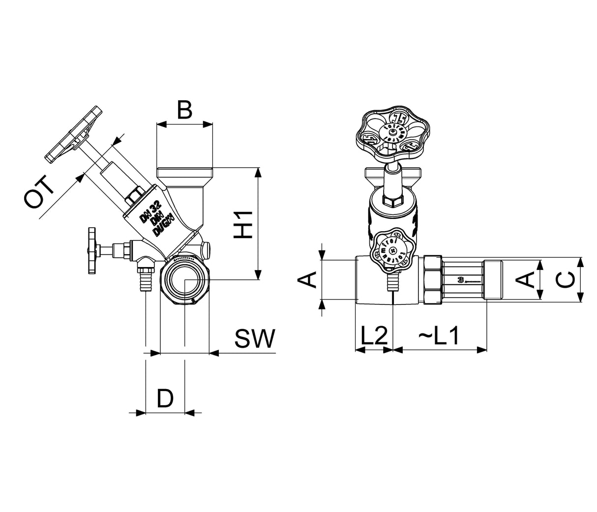 JS Abzweig-T-Ventil Freistromventil mit steigender Spindel
