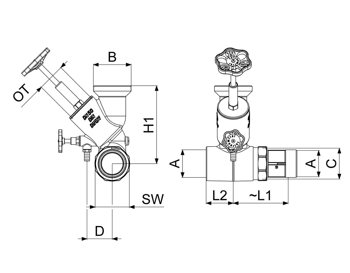 JS Abzweig-T-Ventil Freistromventil mit steigender Spindel