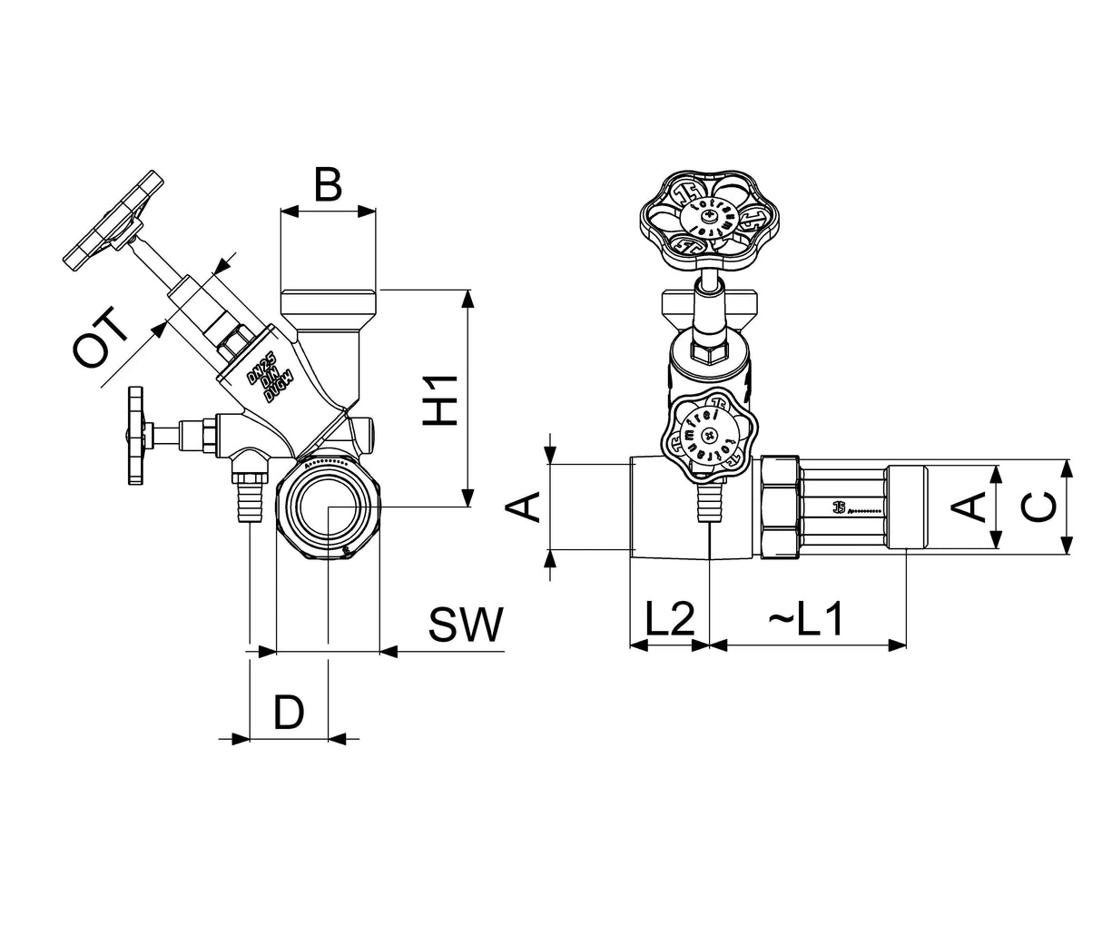JS Abzweig-T-Ventil KFR mit steigender Spindel, DN25, Oberteil und Gehäuse Messing, Dichtungen EPDM, Griff Polyamid, max. 10 bar, max. 90 Grad, DIN-DVGW zertifiziert