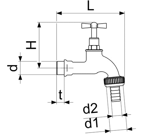JS Auslaufventil mit Metall-Schlauchverschraubung, mit Knebel-Oberteil, schwer, matt chrom, Gehäuse Messing, Dichtungen EPDM, Betriebsdruck max. 10 bar, Betriebstemperatur max. 90 Grad