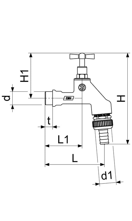 JS Auslaufventil mit Rohrbelüfter, mit Rückflussverhinderer, mit Schlauchverschraubung, mit Knebel-Oberteil, schwere Ausführung, chrom, DVGW geprüft