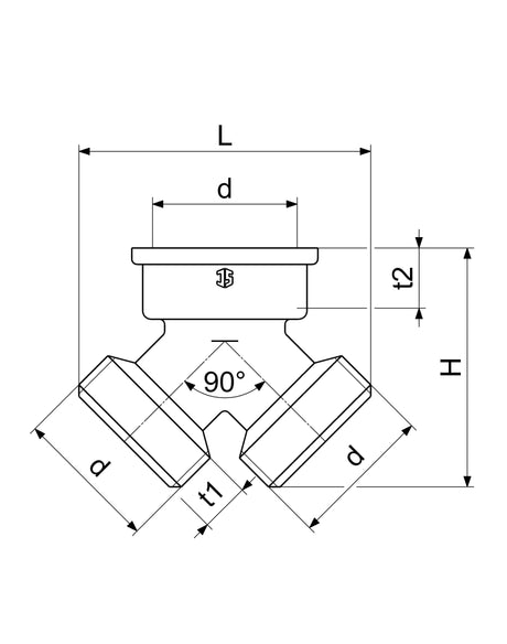 JS Messing-Y-Verteilerstück, DN20, 3/4", 2x Außengewinde, 1x Innengewinde, Messing verchromt