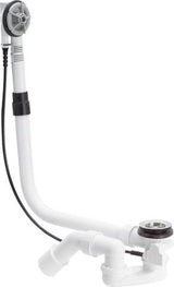 Viega Multiplex-Ab-/Überlauf Funktionseinheit Ausstattung, ;Geruchverschluss, Ablaufbogen 45°, Ventil verchromt, Modell 6163.1 DN: 40/50 Bowdenzug-Länge: 725 L: 130 H: 180 Badewanne Mittelanschluss für Badewanne mit Ablaufloch-Ø 52