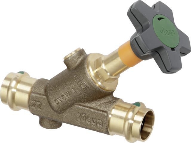 Viega Easytop-Schrägsitzventil (Freistromventil), mit SC-Contur Modell 2237.5 aus Bronze, max. Mediumtemperatur 90 °C, unbehandelt, Bedienung über Handrad
