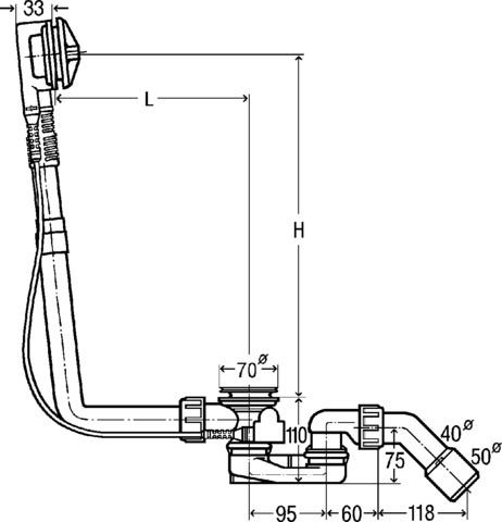 Viega Multiplex-Ab-/Überlauf Funktionseinheit Ausstattung, ;Geruchverschluss, Ablaufbogen 45°, Ventil verchromt, Modell 6162.1 DN: 40/50 Bowdenzug-Länge: 560 L: 100 H: 180 Badewanne Standard für Badewanne mit Ablaufloch-Ø 52