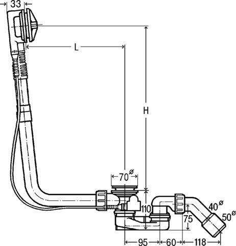 Viega Multiplex-Ab-/Überlauf Funktionseinheit Ausstattung, ;Geruchverschluss, Ablaufbogen 45°, Ventil verchromt, Modell 6163.1 DN: 40/50 Bowdenzug-Länge: 725 L: 130 H: 180 Badewanne Mittelanschluss für Badewanne mit Ablaufloch-Ø 52