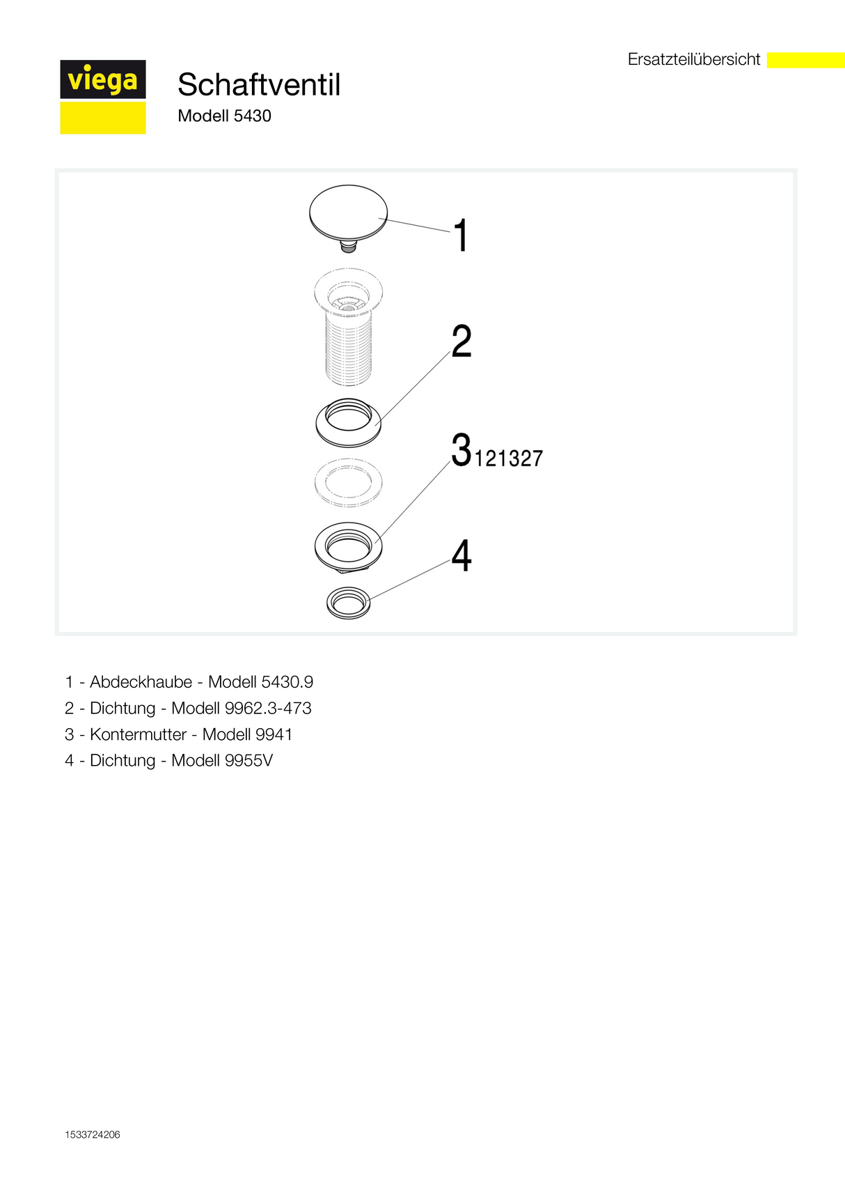 Viega Schaftventil 5430 in G1 1/4 x 63mm x 75mm Messing verchr. nicht verschließbar