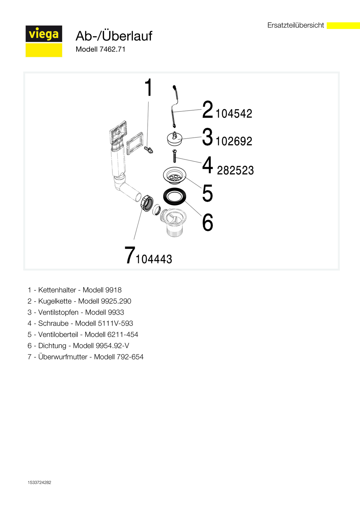Viega Ab- und Überlaufgarnitur 7462.71 in G1 1/2 x 70mm Kunststoff weiss