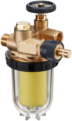 Heizölfilter Oilpur E A R mit Absperrung für Einstrangsysteme mit Rücklaufzuführung DN 10, tankseitig G 3/8 IG, brennerseitig G 3/8 AG, Sinterkunststoff 50-75 mym