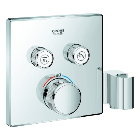 GROHE Thermostat Grohtherm SmartControl 29125, mit 2 Absperrventilen und integriertem Brausehalter, Fertigmontageset für Rapido SmartBox, Wandrosette eckig, chrom