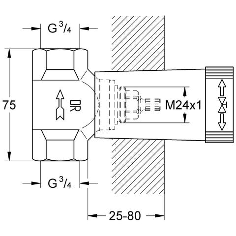 GROHE Unterputz-Ventil 29802, DN 20, vormontiertes Oberteil 3/4'', kurze Spindel, Gewindeanschluss 3/4''