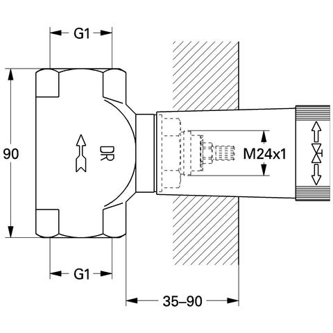 GROHE Unterputz-Ventil 29805, DN 25, vormontiertes Oberteil 1'', kurze Spindel, Gewindeanschluss 1''