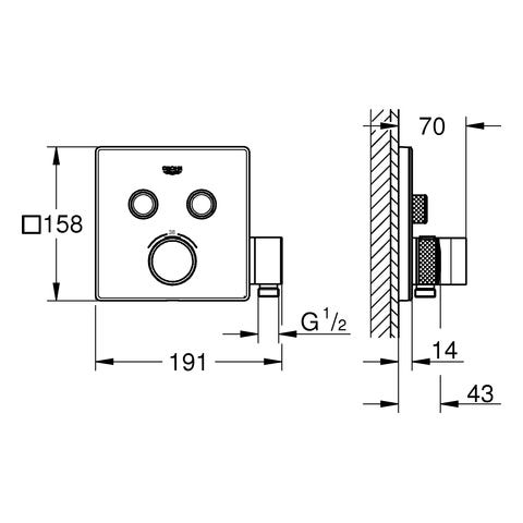GROHE Thermostat Grohtherm SmartControl 29125, mit 2 Absperrventilen und integriertem Brausehalter, Fertigmontageset für Rapido SmartBox, Wandrosette eckig, chrom