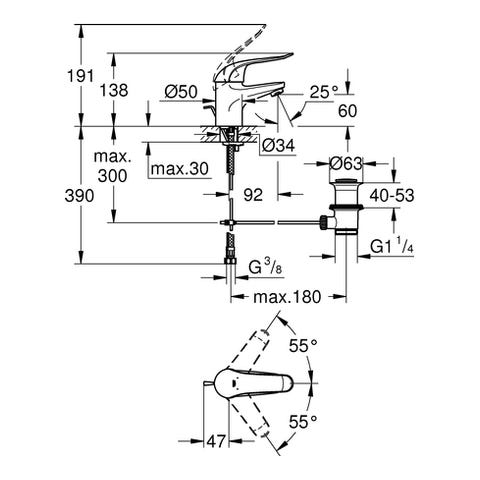 GROHE Einhand-Waschtischbatterie Euroeco Special 32763, Einlochmontage, Zugstangen-Ablaufgarnitur 1 1/4'', 35 mm Keramikkartusche, Hebellänge 120 mm, chrom