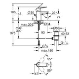 GROHE Einhand-Waschtischbatterie Eurosmart Cosmopolitan 32825, S-Size, Einlochmontage, Zugstangen-Ablaufgarnitur 1 1/4'', 5,7 l/min SpeedClean Mousseur, chrom