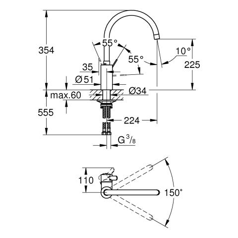 GROHE Einhand-Waschtischbatterie Eurosmart Cosmopolitan 32843_2, hoher Auslauf, Einlochmontage, getrennte innenliegende Wasserwege – kein Kontakt mit Blei oder Nickel, chrom