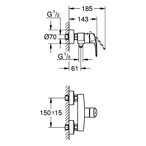 GROHE Einhand-Brausebatterie Eurosmart 33555_3, Wandmontage, Temperaturbegrenzer, S-Anschlüsse, eigensicher, chrom