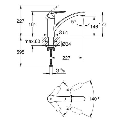 GROHE Einhand-Spültischbatterie Eurosmart 33281_3, flacher Auslauf, Einlochmontage, schwenkbarer Gussauslauf, Schwenkbereich 140°, chrom