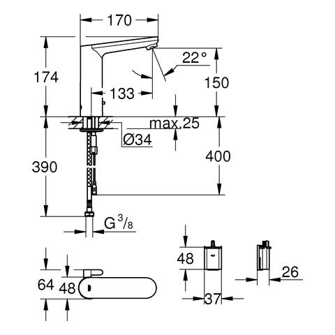 GROHE Infrarot-Elektronik für Waschtisch Eurosmart CE 36422, L-Size, mit Mischung, Rückflussverhinderer, 6 V Lithium-Batterie, Typ CR-P2, chrom