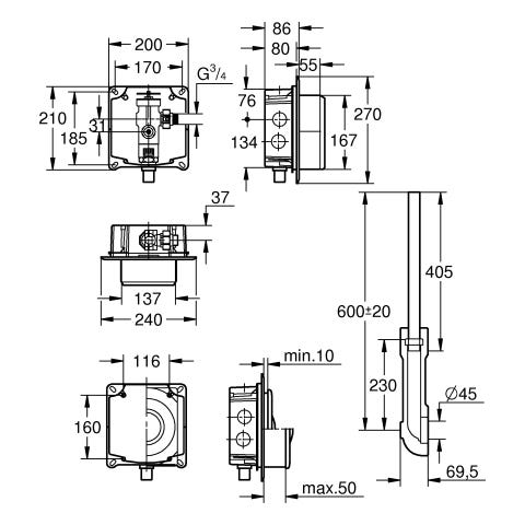 GROHE Druckspüler für WC 37153, DN 20, Wandeinbau, Vorabsperrung, 6-9l einstellbar